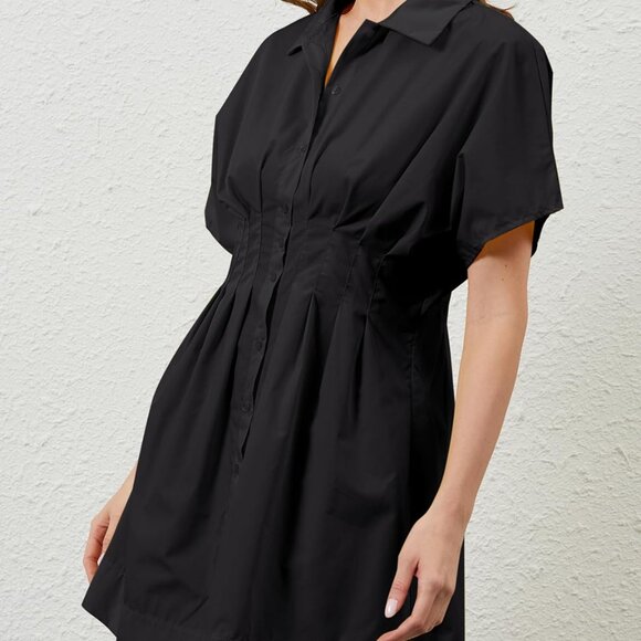 Women’s Cotton Pleated Button-Front Shirt Dress Mini Casual Summer - Picture 6 of 7